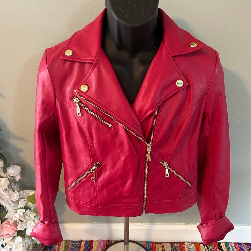 NEW Guess Zipper Leather Jacket Premium Red Small